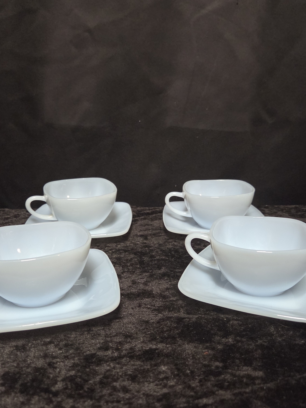1940's FIRE KING Azurite Charm Square Delphite Blue 4 Coffee Cup & Saucer Sets